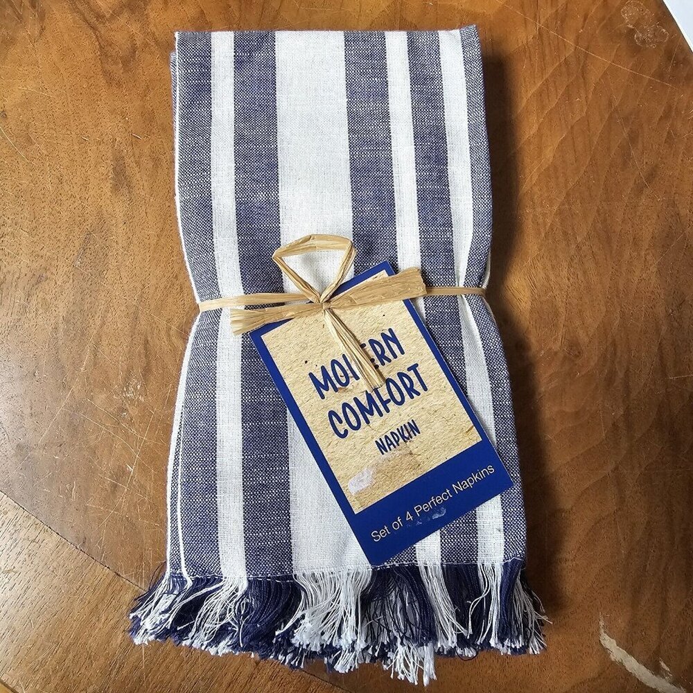 Bardwil Madison Stripe White And Blue Napkins Set Of 4 NIP